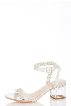 Silver Diamante Low Block Heel Sandals