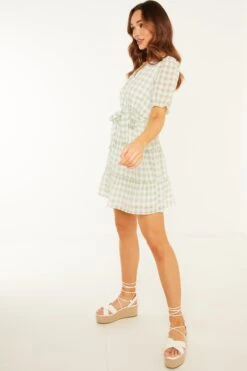 Sage Gingham Wrap Skater Dress 11 Sage Gingham Wrap Skater Dress -Princess Style Shop 00100029429 XS