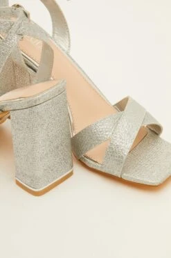 Silver Glitter Cross Strap Heeled Sandals -Princess Style Shop 00100031724 ZB