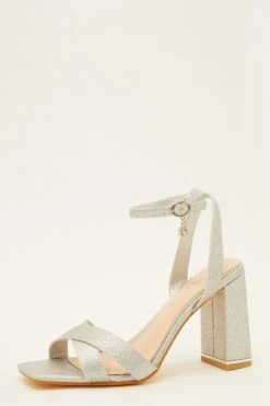 Silver Glitter Cross Strap Heeled Sandals