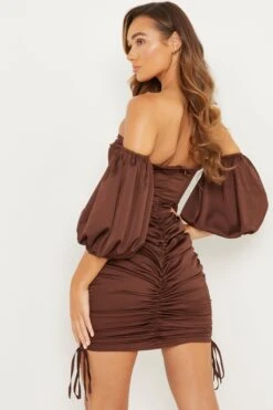 Brown Satin Bardot Bodycon Dress -Princess Style Shop 00100031765 XB