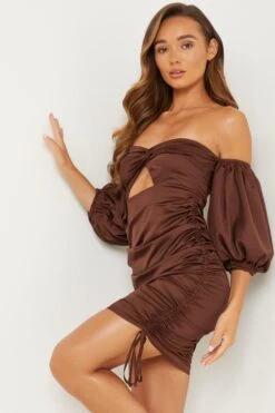 Brown Satin Bardot Bodycon Dress -Princess Style Shop 00100031765 XS