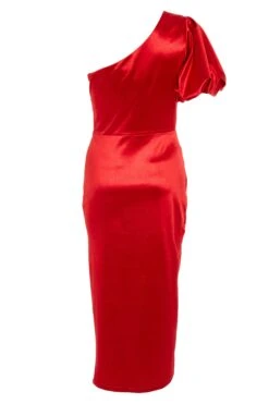Red Satin One Shoulder Midi Dress -Princess Style Shop 00100032396 ZB