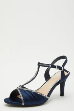 Navy Satin Diamante Heeled Sandals -Princess Style Shop 00100032858 XB