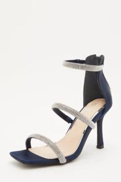 Navy Satin Embellished Heeled Sandals 10 Navy Satin Embellished Heeled Sandals -Princess Style Shop 00100032868 XB