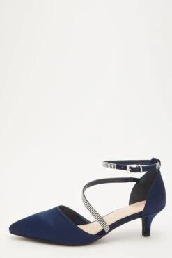 Navy Satin Asymmetric Strap Court Heels