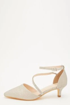 Gold Shimmer Asymmetric Strap Court Heels