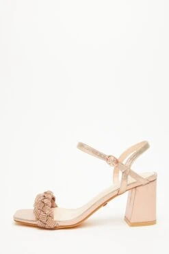 Wide Fit Rose Gold Pleated Block Heeled Sandals