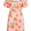 Pink Floral Satin Mini Skater Dress -Princess Style Shop 00100034029 ZM
