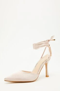 Champagne Satin Ankle Tie Court Heels -Princess Style Shop 00100034489 XB