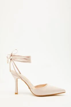 Champagne Satin Ankle Tie Court Heels -Princess Style Shop 00100034489 ZS
