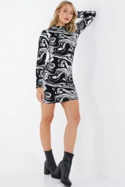 Black Marble Print Mini Jumper Dress -Princess Style Shop 00100034803 XS