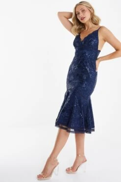 Navy Sequin Lace Midi Dress -Princess Style Shop 00100034965 XS