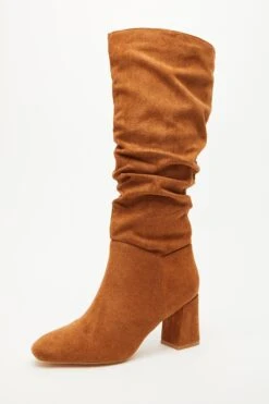 Tan Faux Suede Ruched Heeled Boots -Princess Style Shop 00100035052 XB