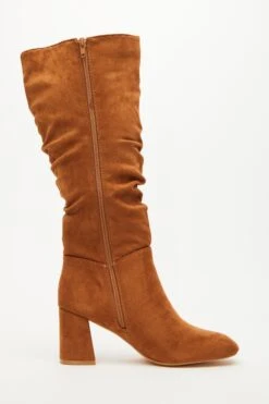 Tan Faux Suede Ruched Heeled Boots -Princess Style Shop 00100035052 ZS