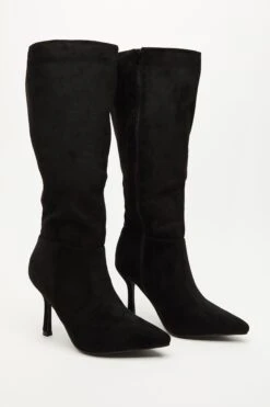 Black Faux Suede Knee High Heeled Boots -Princess Style Shop 00100035066 XS