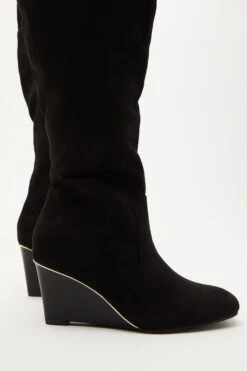 Black Faux Suede Wedge Heeled Boots -Princess Style Shop 00100035070 ZB