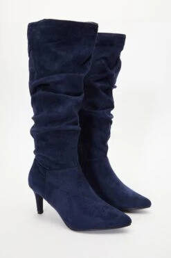 Navy Ruched Knee High Heeled Boots -Princess Style Shop 00100035085 XS