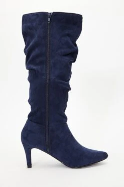 Navy Ruched Knee High Heeled Boots -Princess Style Shop 00100035085 ZS