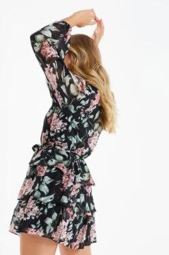 Black Floral Tiered Skater Dress -Princess Style Shop 00100035157 XB