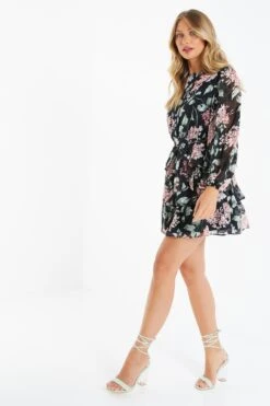 Black Floral Tiered Skater Dress -Princess Style Shop 00100035157 XS