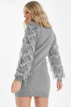 Grey Knitted Embellished Mini Dress -Princess Style Shop 00100035262 XB