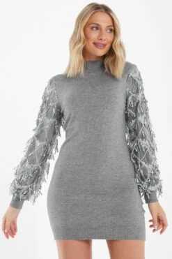 Grey Knitted Embellished Mini Dress -Princess Style Shop 00100035262 XM