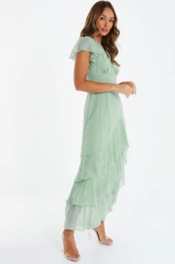 Sage Metallic Chiffon Tiered Maxi Dress -Princess Style Shop 00100035474 XS