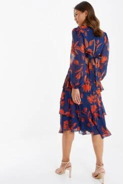 Orange Floral Chiffon Tiered Midi Skirt -Princess Style Shop 00100035490 XB