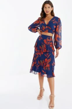 Orange Floral Chiffon Tiered Midi Skirt -Princess Style Shop 00100035490 XM