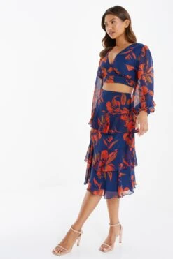 Orange Floral Chiffon Tiered Midi Skirt -Princess Style Shop 00100035490 XS