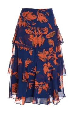 Orange Floral Chiffon Tiered Midi Skirt -Princess Style Shop 00100035490 ZB