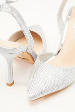 Silver Satin Diamante Court Heels -Princess Style Shop 00100035573 ZB