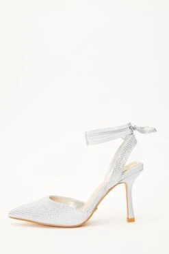 Silver Satin Diamante Court Heels