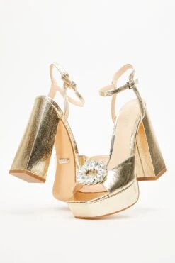 Gold Foil Brooch Platform Heeled Sandals -Princess Style Shop 00100035580 XS