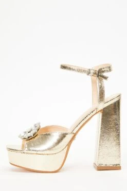 Gold Foil Brooch Platform Heeled Sandals