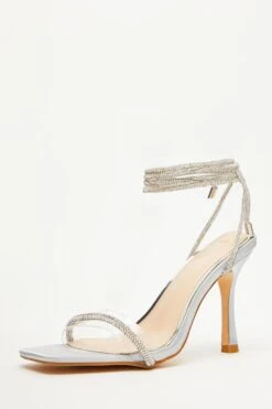 Silver Satin Clear Ankle Tie Heeled Sandals -Princess Style Shop 00100035617 XB