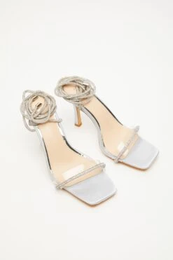 Silver Satin Clear Ankle Tie Heeled Sandals -Princess Style Shop 00100035617 XS