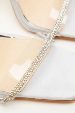 Silver Satin Clear Ankle Tie Heeled Sandals -Princess Style Shop 00100035617 ZB