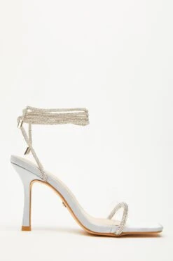Silver Satin Clear Ankle Tie Heeled Sandals -Princess Style Shop 00100035617 ZS