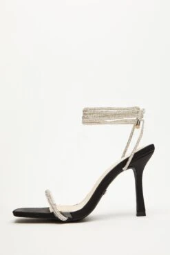 Black Satin Clear Ankle Tie Heeled Sandals