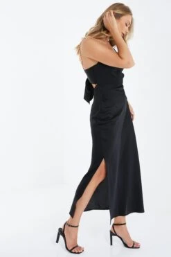 Black Satin Tie Back Midi Dress -Princess Style Shop 00100035653 XS