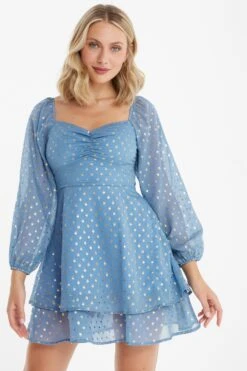 Blue Polka Dot Foil Mini Dress -Princess Style Shop 00100035707 XM