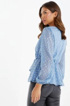 Blue Polka Dot Foil Peplum Top -Princess Style Shop 00100035708 XB