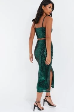 Green Sequin Ruched Midi Skirt -Princess Style Shop 00100035712 XB