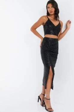Black Sequin Ruched Midi Skirt -Princess Style Shop 00100035714 XS