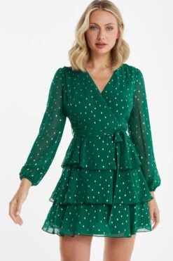 Bottle Green Chiffon Foil Mini Dress -Princess Style Shop 00100035760 XM