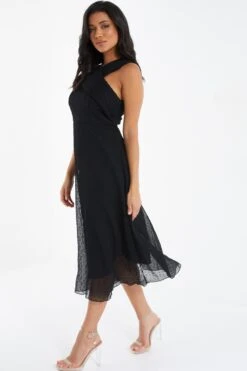 Black Chiffon Crinkle Halter Neck Midi Dress -Princess Style Shop 00100035779 XS