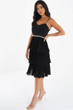 Black Chiffon Embellished Tiered Midi Dress -Princess Style Shop 00100035780 XS