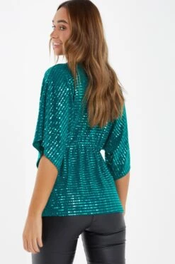 Teal Sequin Batwing Top -Princess Style Shop 00100035804 XB
